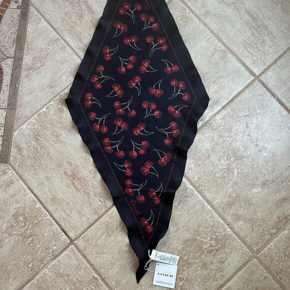 COACH CHERRIES PRINT SILK DIAMOND SCARF:NWT CDL13 BLACK/RED - Picture 1 of 8